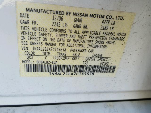 1N4AL21EX7C145658 - 2007 NISSAN ALTIMA WHITE photo 10