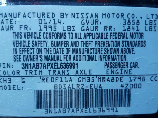 3N1AB7APXEL636991 - 2014 NISSAN SENTRA S BLACK photo 10