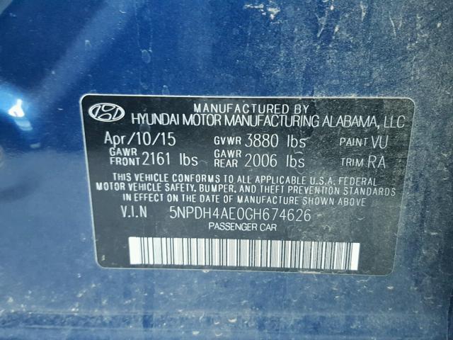 5NPDH4AE0GH674626 - 2016 HYUNDAI ELANTRA SE BLUE photo 10