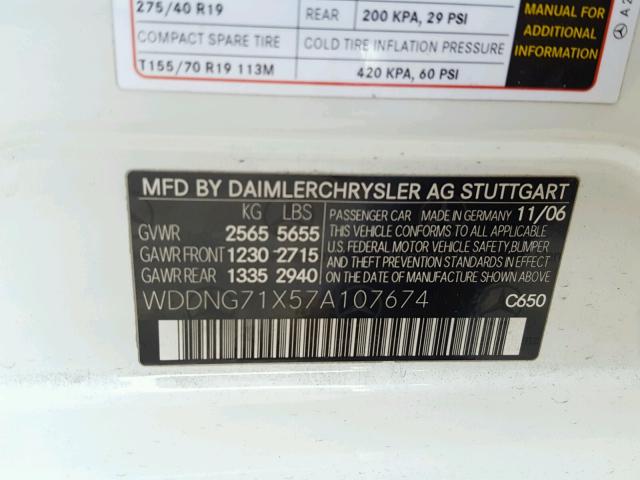 WDDNG71X57A107674 - 2007 MERCEDES-BENZ S WHITE photo 10