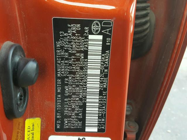 2T1BU4EE9DC095064 - 2013 TOYOTA COROLLA BA ORANGE photo 10