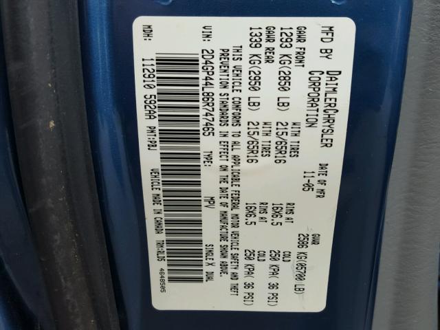 2D4GP44L86R747465 - 2006 DODGE GRAND CARA BLUE photo 10