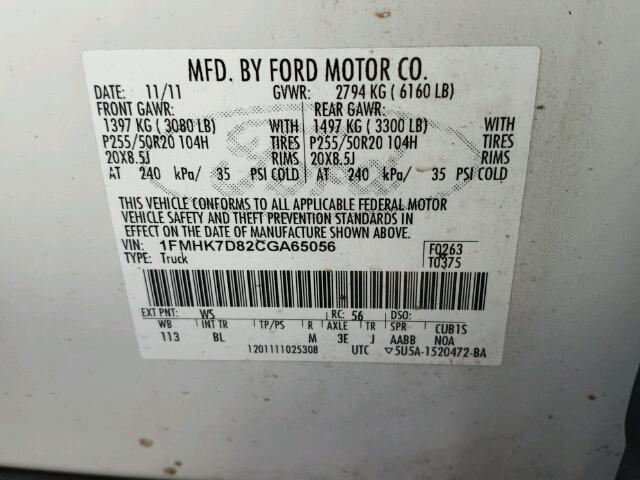 1FMHK7D82CGA65056 - 2012 FORD EXPLORER X WHITE photo 10