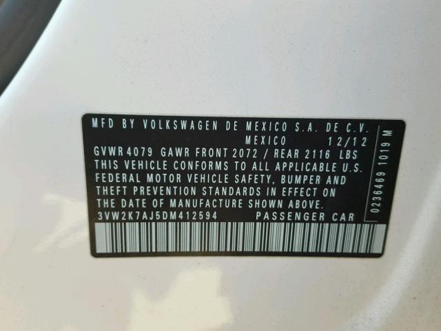3VW2K7AJ5DM412594 - 2013 VOLKSWAGEN JETTA BASE WHITE photo 10