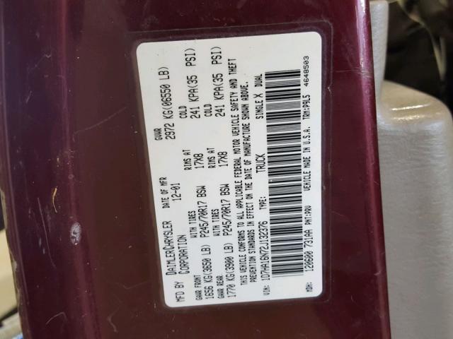 1D7HA16N72J132376 - 2002 DODGE RAM 1500 BURGUNDY photo 10