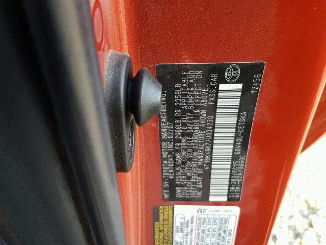 4T1BK46K77U034230 - 2007 TOYOTA CAMRY NEW RED photo 10