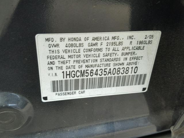 1HGCM56435A083810 - 2005 HONDA ACCORD GRAY photo 10