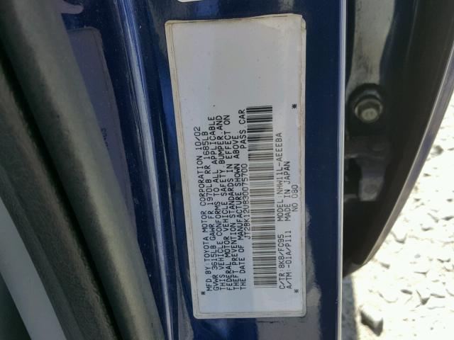 JT2BK12U830075700 - 2003 TOYOTA PRIUS BLUE photo 10