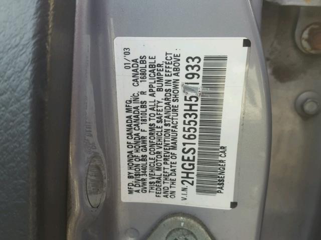 2HGES16553H531933 - 2003 HONDA CIVIC LX SILVER photo 10