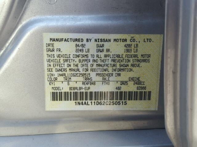 1N4AL11D62C250515 - 2002 NISSAN ALTIMA BAS SILVER photo 10