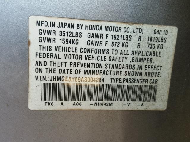 JHMGE8H69AS004284 - 2010 HONDA FIT SPORT GRAY photo 10