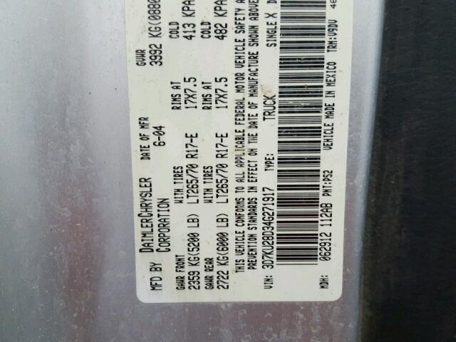 3D7KU28D34G271917 - 2004 DODGE RAM 2500 S SILVER photo 10