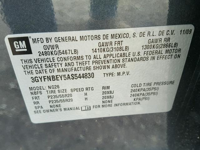 3GYFNBEY5AS544830 - 2010 CADILLAC SRX PERFOR GRAY photo 10