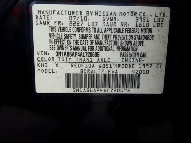 3N1AB6AP4AL720695 - 2010 NISSAN SENTRA 2.0 BLACK photo 10