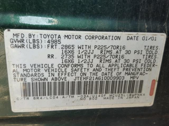 JTEHF21A610009903 - 2001 TOYOTA HIGHLANDER GREEN photo 10