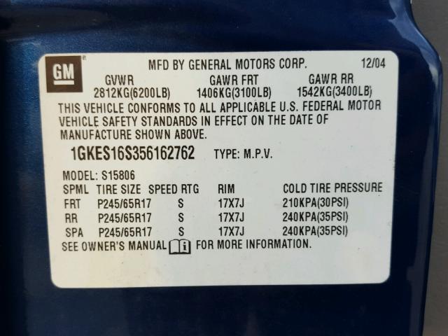 1GKES16S356162762 - 2005 GMC ENVOY XL BLUE photo 10