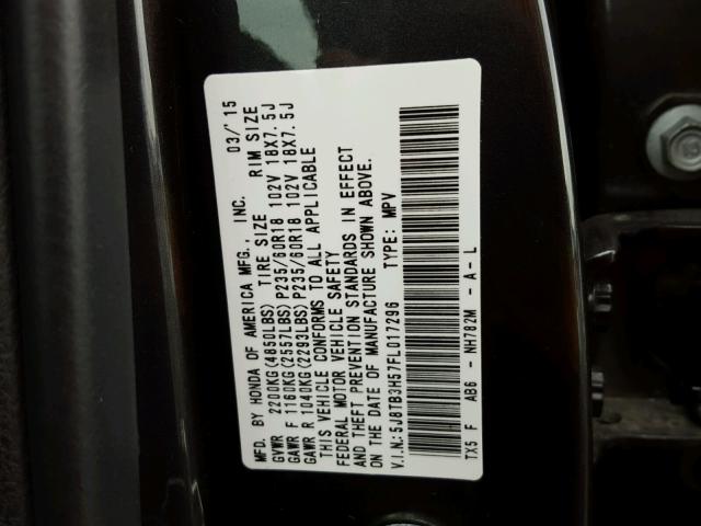 5J8TB3H57FL017296 - 2015 ACURA RDX TECHNO CHARCOAL photo 10