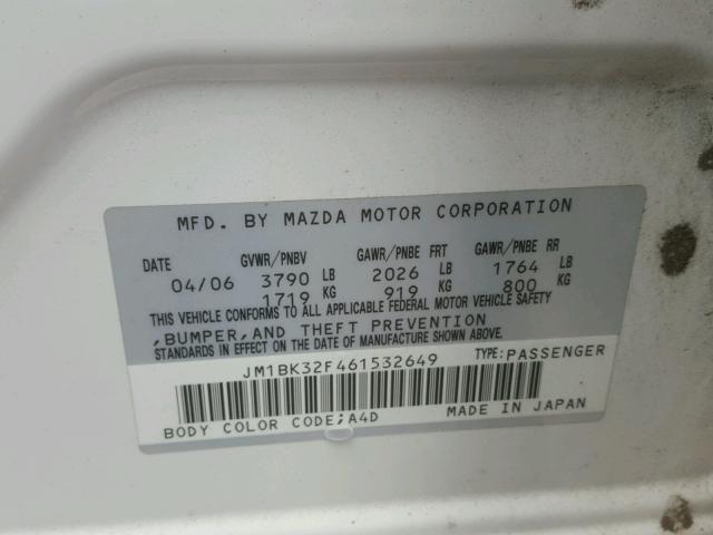 JM1BK32F461532649 - 2006 MAZDA 3 I WHITE photo 10