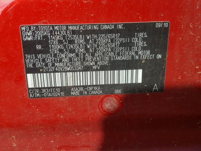 2T3ZF4DV2BW053347 - 2011 TOYOTA RAV4 RED photo 10