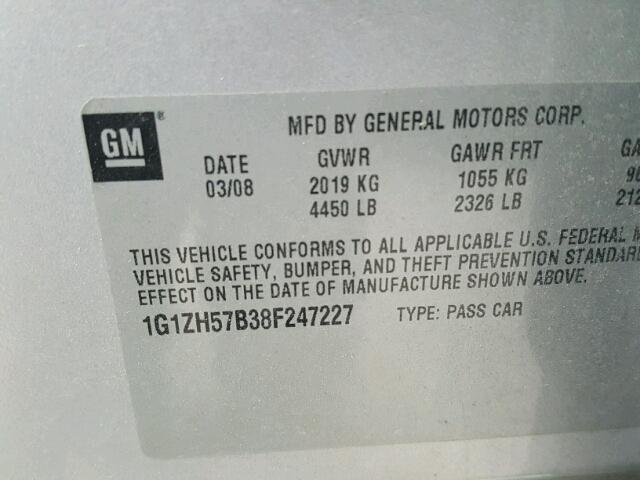 1G1ZH57B38F247227 - 2008 CHEVROLET MALIBU 1LT SILVER photo 10