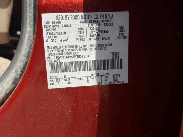 1FMNU42S5YED79040 - 2000 FORD EXCURSION RED photo 10