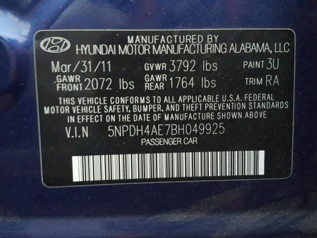 5NPDH4AE7BH049925 - 2011 HYUNDAI ELANTRA GL BLUE photo 10