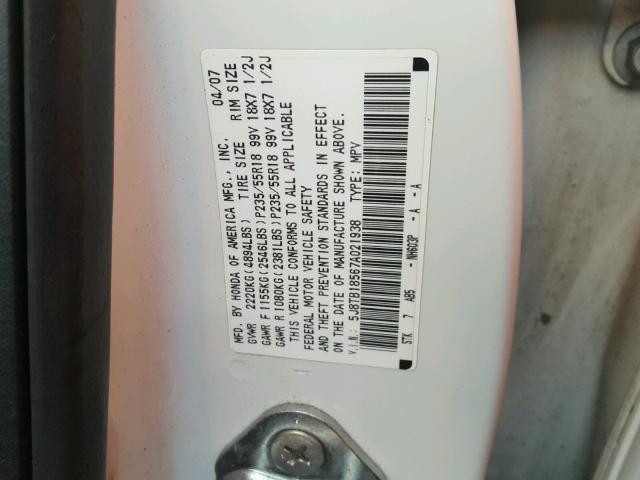 5J8TB18567A021938 - 2007 ACURA RDX TECHNO WHITE photo 10