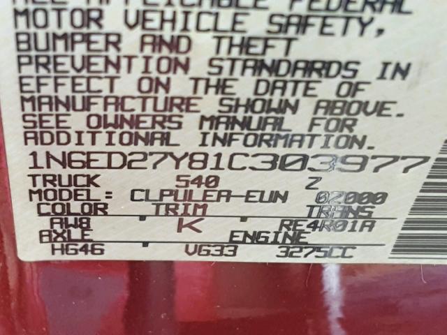 1N6ED27Y81C303977 - 2001 NISSAN FRONTIER C RED photo 10