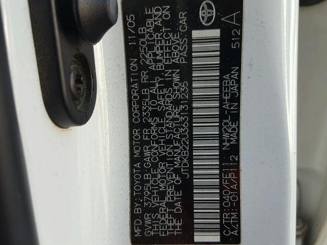 JTDKB22U363131235 - 2006 TOYOTA PRIUS WHITE photo 10