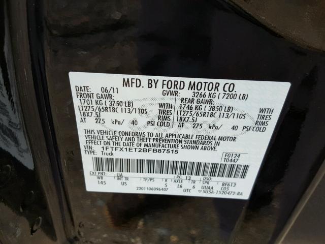 1FTFX1ET2BFB87515 - 2011 FORD F150 SUPER BLACK photo 10