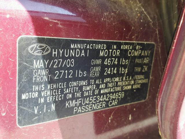 KMHFU45E34A294659 - 2004 HYUNDAI XG 350 BURGUNDY photo 10