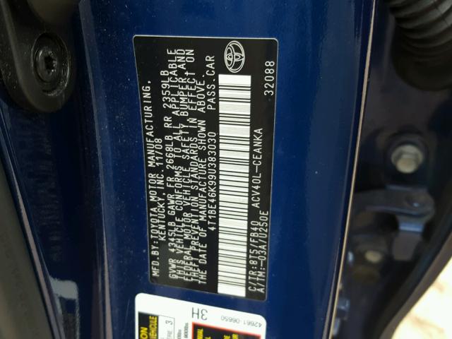 4T1BE46K99U383030 - 2009 TOYOTA CAMRY BASE BLUE photo 10