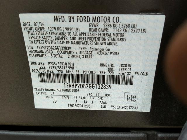 1FAHP2D82GG132839 - 2016 FORD TAURUS SE GRAY photo 10