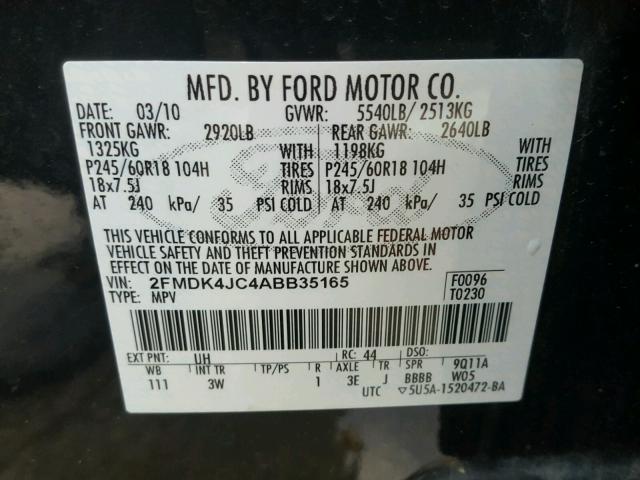 2FMDK4JC4ABB35165 - 2010 FORD EDGE SEL BLACK photo 10