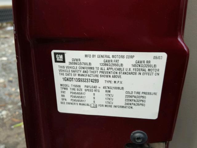 1GKDT13S932374289 - 2003 GMC ENVOY BURGUNDY photo 10