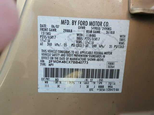 2FMDK48CX7BB40773 - 2007 FORD EDGE SEL GOLD photo 10