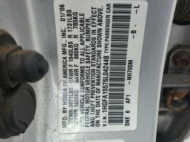 1HGFA15576L042448 - 2006 HONDA CIVIC SILVER photo 10