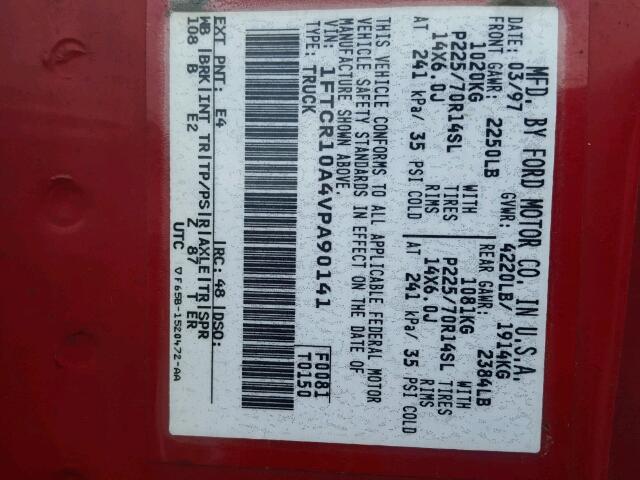 1FTCR10A4VPA90141 - 1997 FORD RANGER RED photo 10