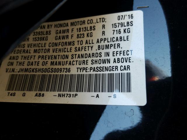 JHMGK5H50GS009736 - 2016 HONDA FIT LX Noir photo 10