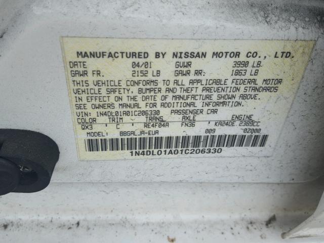 1N4DL01A01C206330 - 2001 NISSAN ALTIMA GXE WHITE photo 10