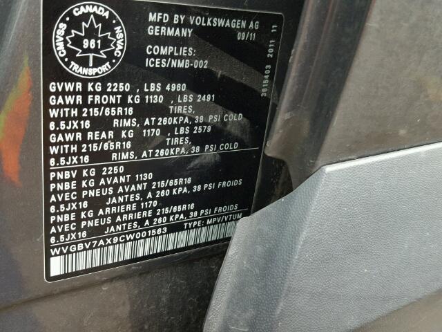 WVGBV7AX9CW001563 - 2012 VOLKSWAGEN TIGUAN S GRAY photo 10