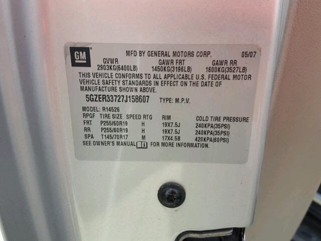 5GZER33727J158607 - 2007 SATURN OUTLOOK SP ვერცხლისფერი ფოტო 10