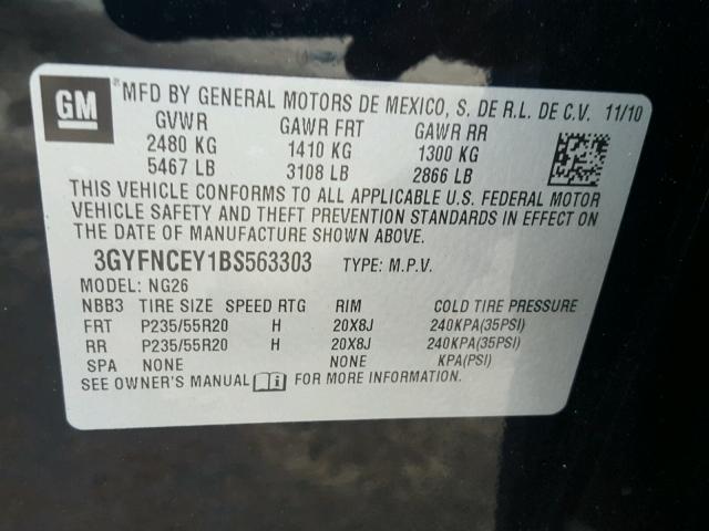 3GYFNCEY1BS563303 - 2011 CADILLAC SRX PREMIU BLACK photo 10