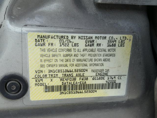 3N1CB51D66L525004 - 2006 NISSAN SENTRA 1.8 GRAY photo 10