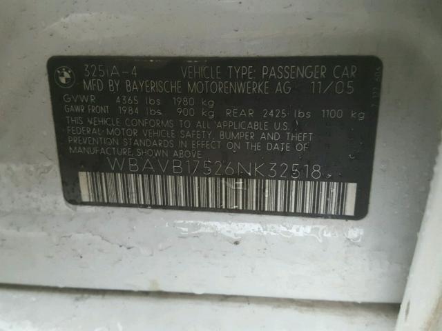WBAVB17526NK32518 - 2006 BMW 325 I AUTO WHITE photo 10