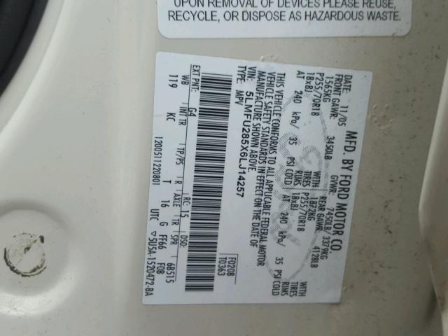 5LMFU285X6LJ14257 - 2006 LINCOLN NAVIGATOR WHITE photo 10