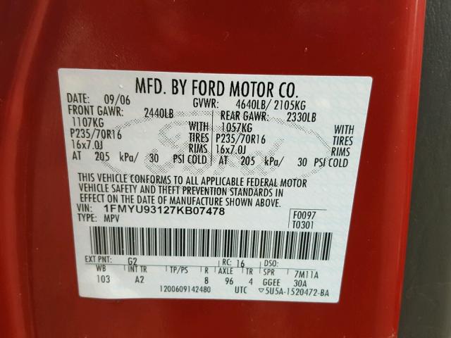 1FMYU93127KB07478 - 2007 FORD ESCAPE XLT MAROON photo 10