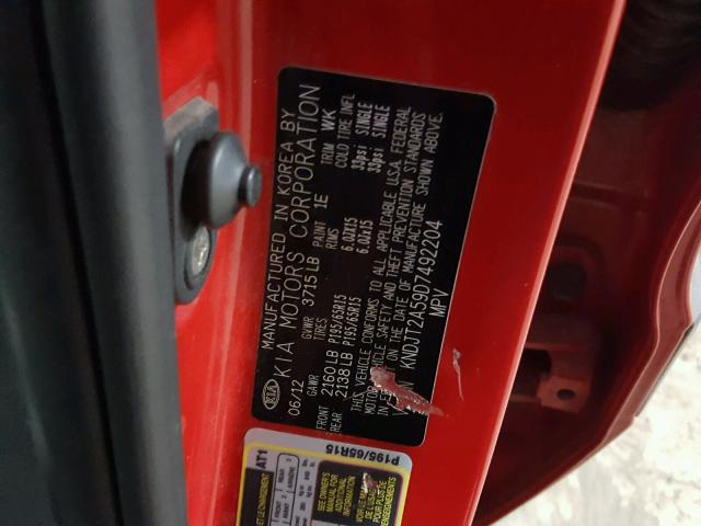 KNDJT2A59D7492204 - 2013 KIA SOUL RED photo 10