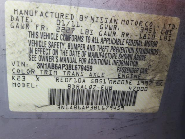 3N1AB6AP3BL679459 - 2011 NISSAN SENTRA 2.0 SILVER photo 10