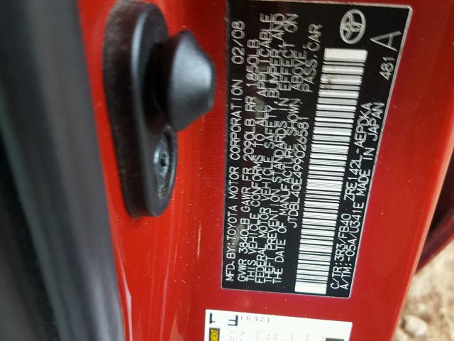 JTDBL40E499026581 - 2009 TOYOTA COROLLA BA RED photo 10